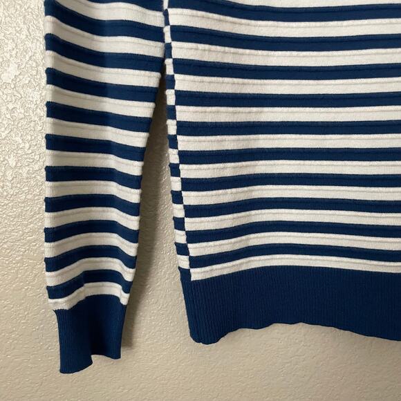 Theory Sweater Womens Small White Blue Striped Crewneck Cotton Knit Preppy - Picture 5 of 11